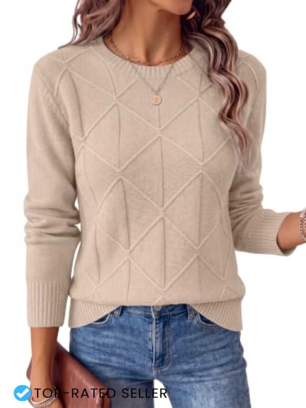 Crewneck Argyle Cable Knit Pullover Sweater